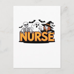 Cartão Postal Enfermeira - Halloween - com fantasma, bruxa e esq