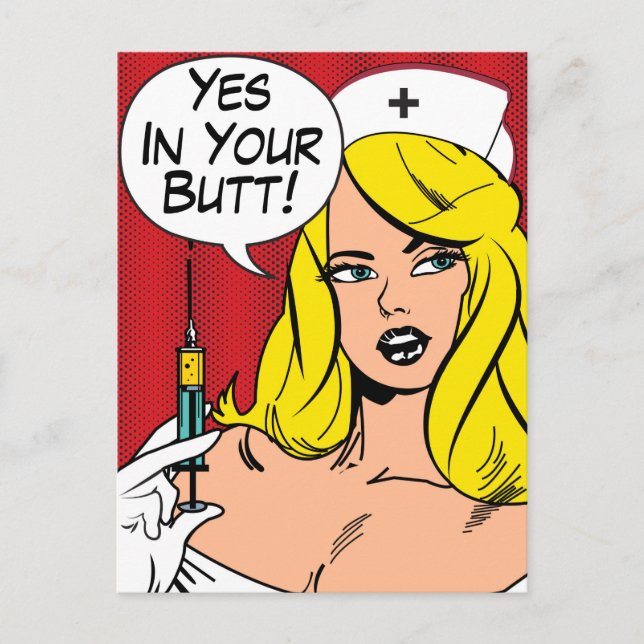 Cartão Postal Enfermeira sexy com Agulha, sim no seu Bumbum (Frente)