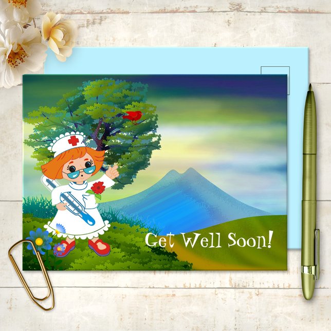 Cartão Postal Enfermeiras bonitas Paisagistas Recebem Cartão-Pos (Get Well Soon Postcard featuring a cute nurse in a colorful artistic landscape scene)
