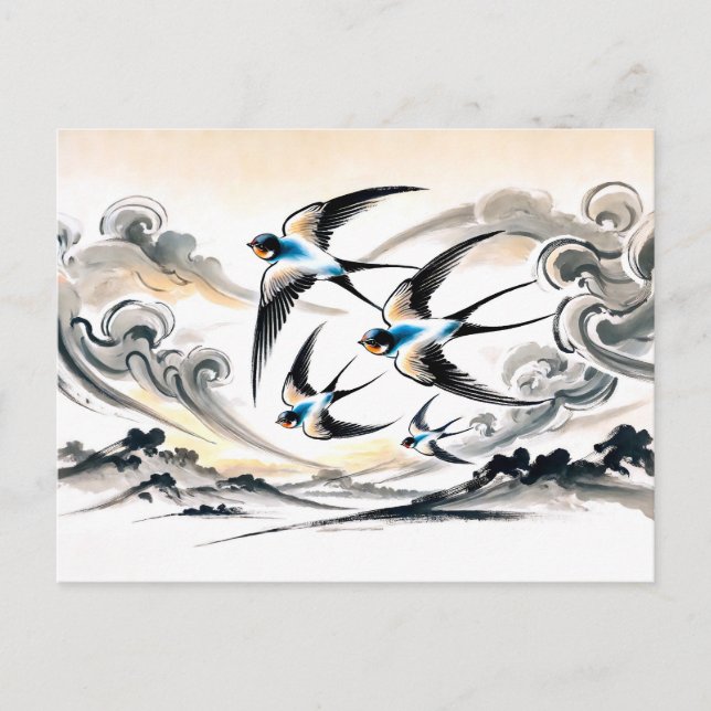 Cartão Postal Engordas Soprando pelo céu em tinta chinesa Pa (Frente)