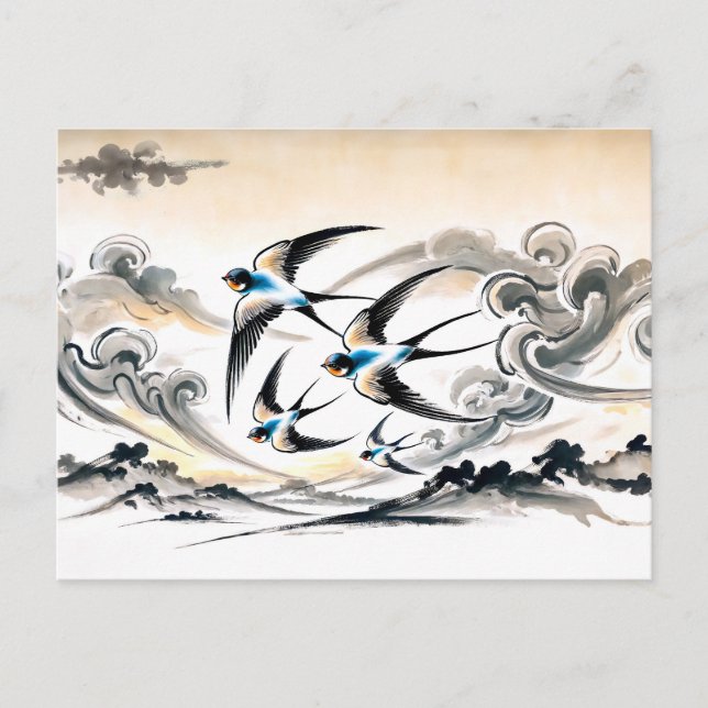 Cartão Postal Engordas Soprando pelo céu em tinta chinesa Pa (Frente)