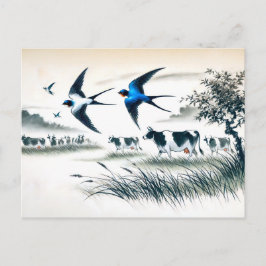 Cartão Postal Engordas voando sobre um campo de gado em tinta ch