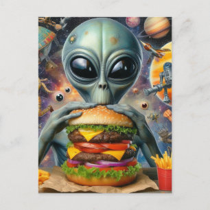 Cartão Postal Engraçado Alienígena Comendo Cheeseburger