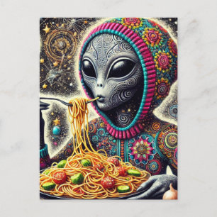 Cartão Postal Engraçado Alienígena Engraçado Comendo Espaguete