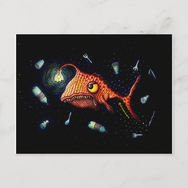 Cartão Postal Engraçado Anglerfish Irritado Com Poluição Plástic (Frente)