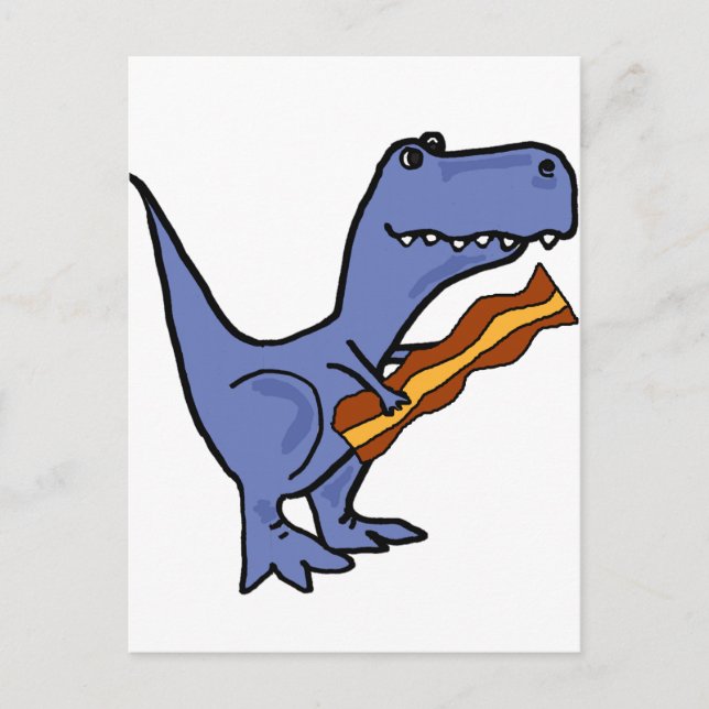 Cartão Postal Engraçado Blue T-rex Dinossauro Comendo Bacon Art (Frente)