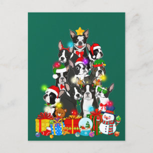 Cartão Postal Engraçado Boston Terrier Christmas Tree Lights Pup