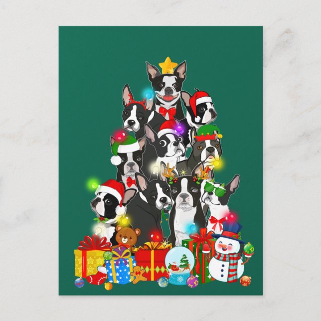 Cartão Postal Engraçado Boston Terrier Christmas Tree Lights Pup (Frente)