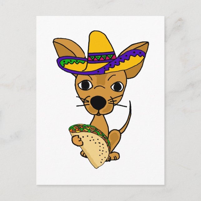Cartão Postal Engraçado Chihuahua comendo Taco Cartoon (Frente)