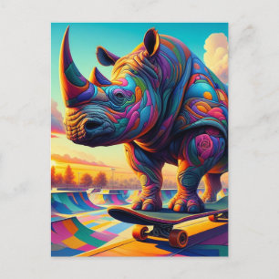 Cartão Postal Engraçado Colorida Surreal Rhino Skateboard