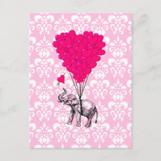 Cartão Postal Engraçado elefante fofo e damasco rosa