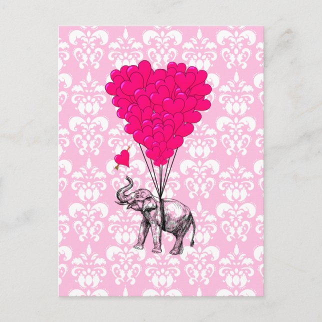 Cartão Postal Engraçado elefante fofo e damasco rosa (Frente)