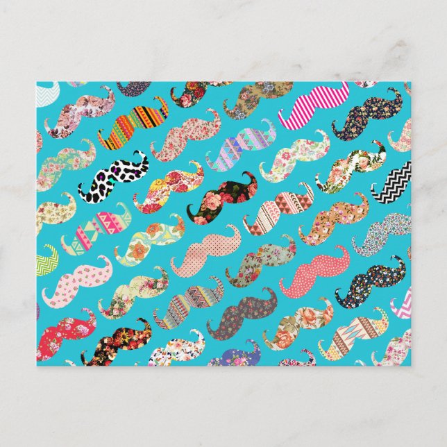 Cartão Postal Engraçado Girly Turquoise Floral Aztec Mustaches (Frente)