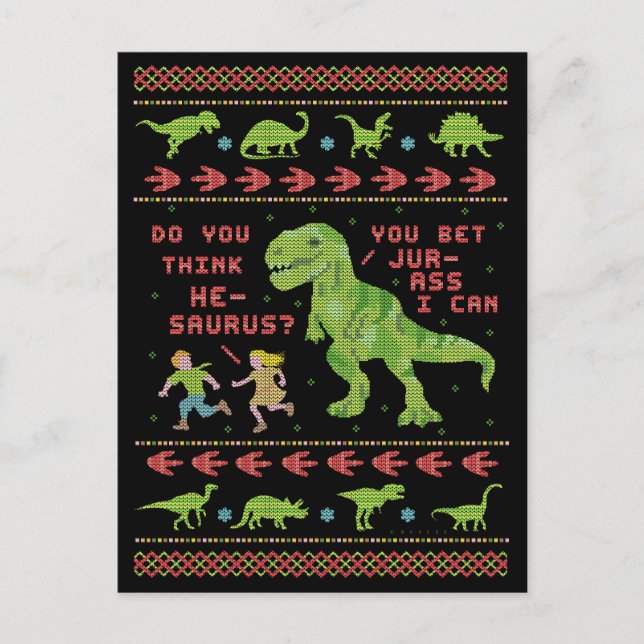 Cartão Postal Engraçado Natal T Rex Dinossaur Humor Faux Knit (Frente)