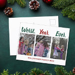 Cartão Postal Engraçado o pior ano do Natal<br><div class="desc">Estes cartões postais de Natal hilários apresentam três fotos da sua família na frente sob a frase engraçada Pior Ano de Todos, em vermelho e verde para as festas. Personalize a base deste cartão de humor de feriado pandêmico para 2020 com uma fotografia dos vossos filhos e o vosso texto...</div>