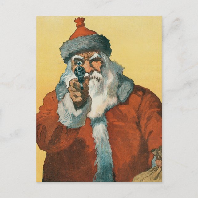 Cartão Postal Engraçado Papai Noel com uma Arma de Natal (Frente)