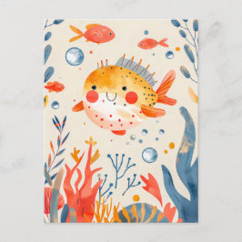 Cartão Postal Engraçado Peixe-Pufe perto do Recife Vibrante