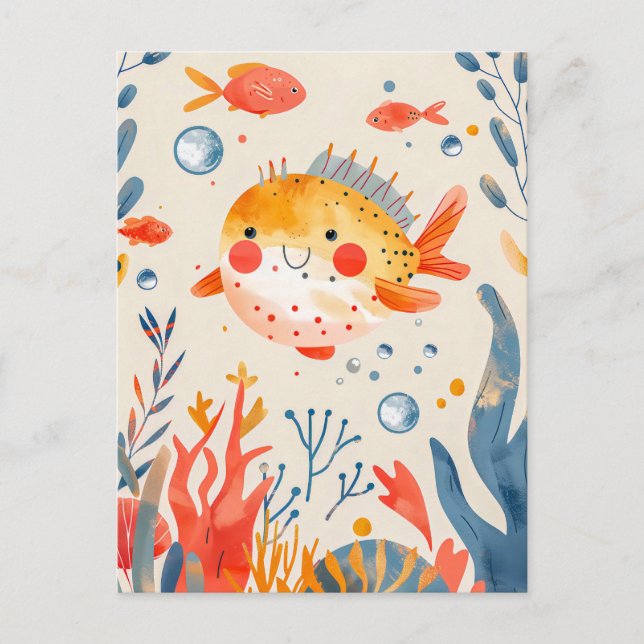 Cartão Postal Engraçado Peixe-Pufe perto do Recife Vibrante (Frente)