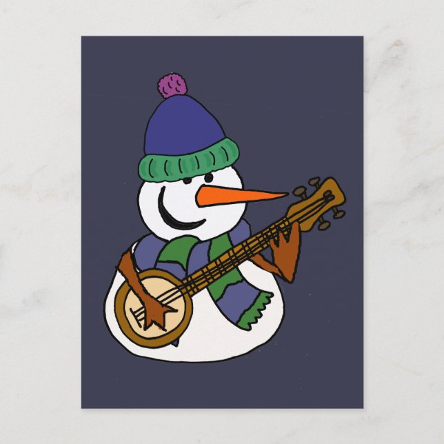 Cartão Postal Engraçado Snowman Jogando Banjo Trabalho de arte (Frente)