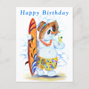 Cartão Postal Engraçado Summer Snowman Surfer bebe coquetel fre
