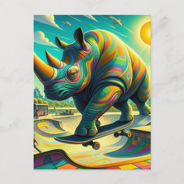 Cartão Postal Engraçado Surreal Rhino Skateboard (Frente)