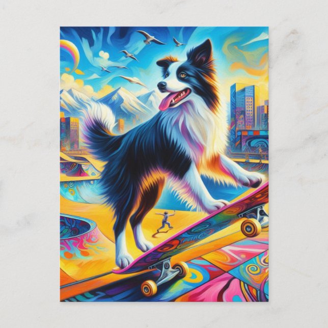 Cartão Postal Engraçado Surreal Skateboard Border Collie (Frente)