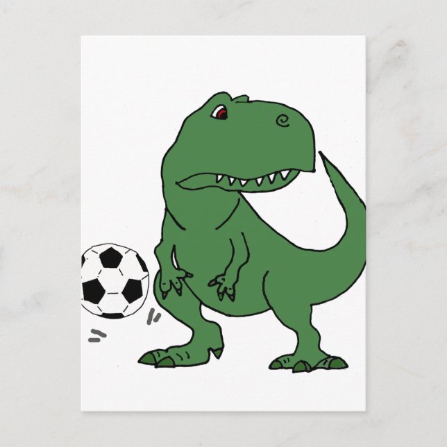 Cartão Postal Engraçado T-rex Dinossauro Jogando Futebol Verde (Frente)