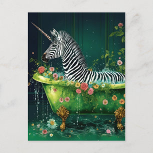 Cartão Postal Engraçado Unicórnio Zebra Bonito em Banheira