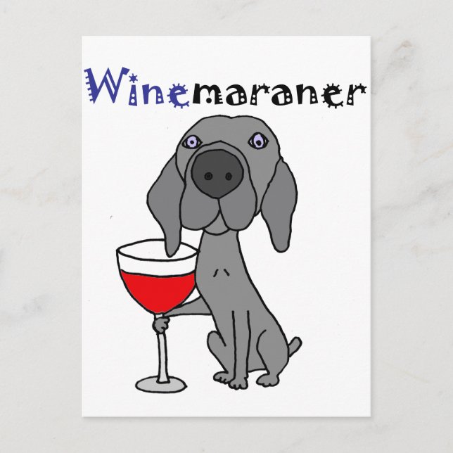 Cartão Postal Engraçado Weimaraner Cachorro Bebendo Vinho Vermel (Frente)