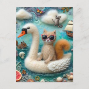 Cartão Postal Engraçado Woolie Swan flutuando com um gato