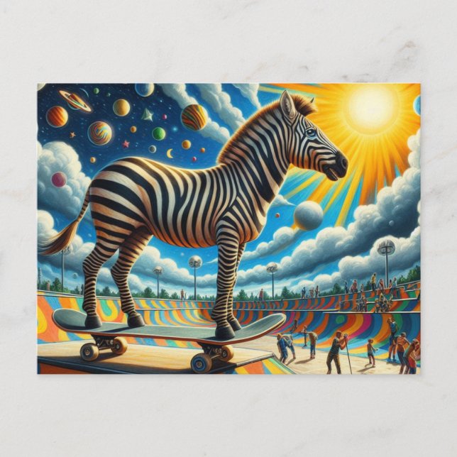 Cartão Postal Engraçado Zebra Skateboard Surreal Colorida (Frente)