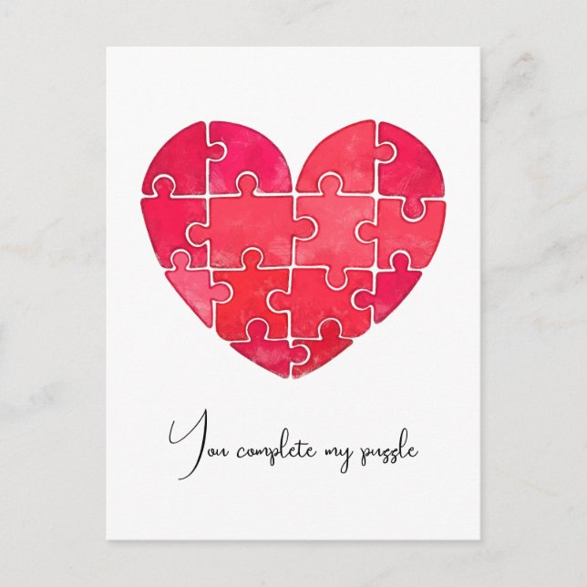 Cartão Postal Enigma do amor resolvido, coração de puzzle vermel (Frente)