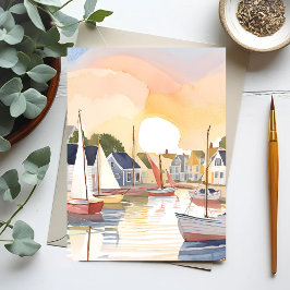 Cartão Postal Enseada de Barcos | Pintura em Aquarela de Oceano 