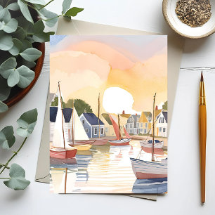 Cartão Postal Enseada de Barcos Pintura em Aquarela de Oceano