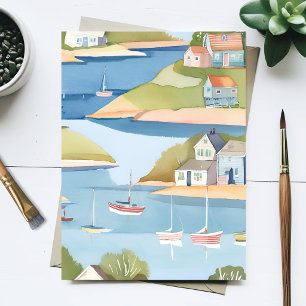 Cartão Postal Enseada de Barcos Pintura Moderna em Aquarela