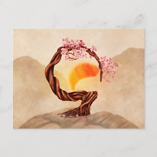Cartão Postal Enso Zen Blossoming Sakura Bonsai (Frente)