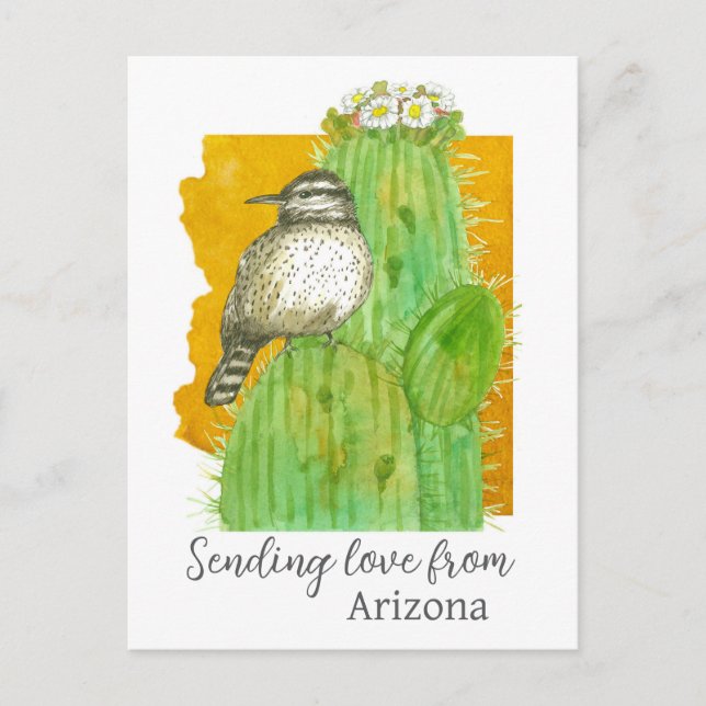 Cartão Postal Enviando Amor do Arizona Saguaro Cactus Wren (Frente)