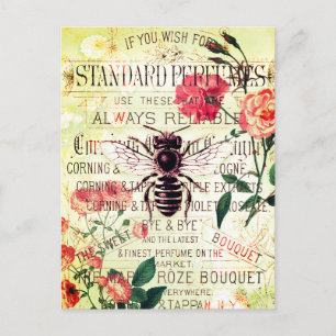 Cartão Postal Ephemera do Buquê de Rosa Abelha Vintage