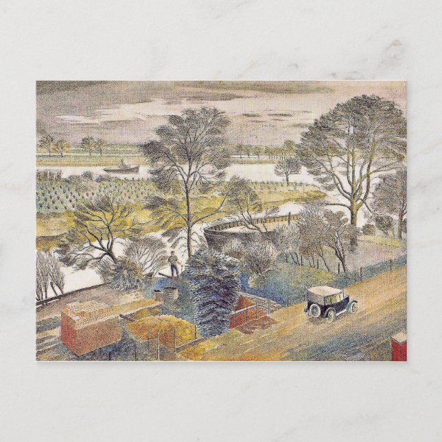 Cartão Postal Eric Ravilious art, River Thames, Chiswick Eyot (Frente)