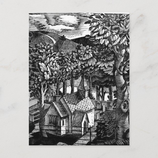 Cartão Postal Eric Ravilious - Igreja sob uma Colina (Frente)