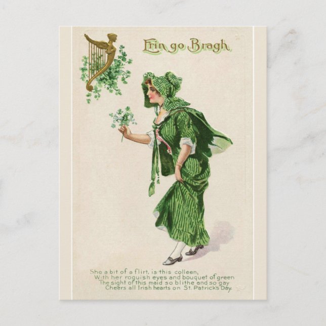 Cartão Postal Erin Go Bragh Lady with Buquê Shamrocks (Frente)