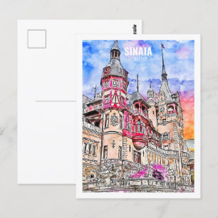 Cartão Postal Esboço aquarela de viagem famosa Sinaia Romênia