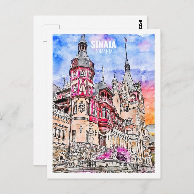 Cartão Postal Esboço aquarela de viagem famosa Sinaia Romênia (Frente/Verso)