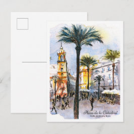 Cartão Postal Esboço aquarela praça da catedral Cádis Espanha