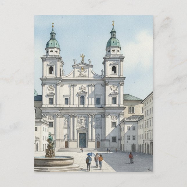 Cartão Postal Esboço da Catedral e Praça de Salzburgo (Frente)