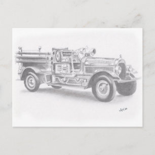 Cartão Postal esboço de caminhão de bombeiros vintage desenhado 