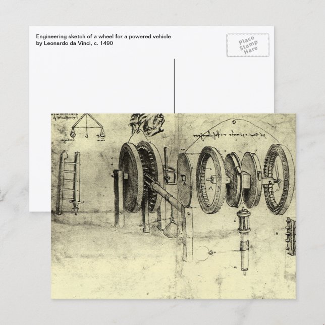 Cartão Postal Esboço de Engenharia de uma Roda de Leonardo da Vi (Frente/Verso)