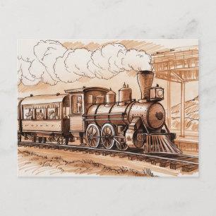 Cartão Postal Esboço de Trem de Locomotiva a Vapor Antiga