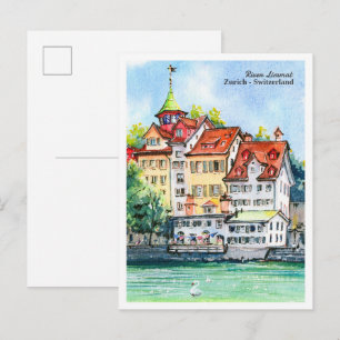 Cartão Postal Esboço em aquarela do rio Limmat Zurique