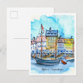 Cartão Postal Esboço em Aquarela Nyhavn Copenhague